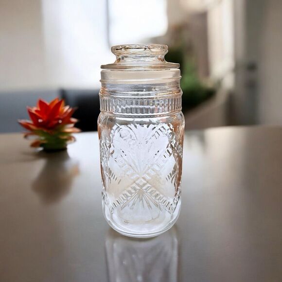 Jar Vintage Anchor Hocking Embossed Canister w/ Lid Jelly Spices Coffee Storage - Picture 1 of 7